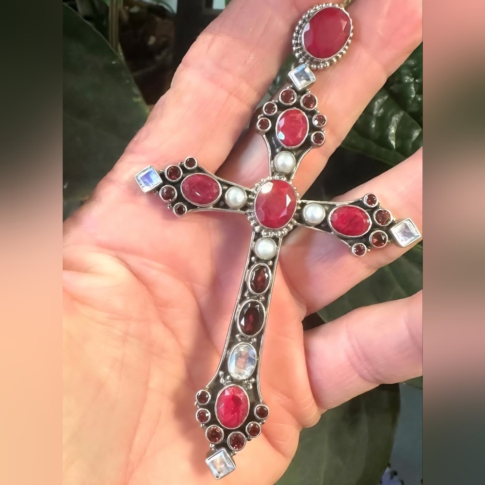 Nicky Butler Sterling Silver Ruby Pearl Garnet Moonstone Cross Pendant Vintage - Picture 8 of 9